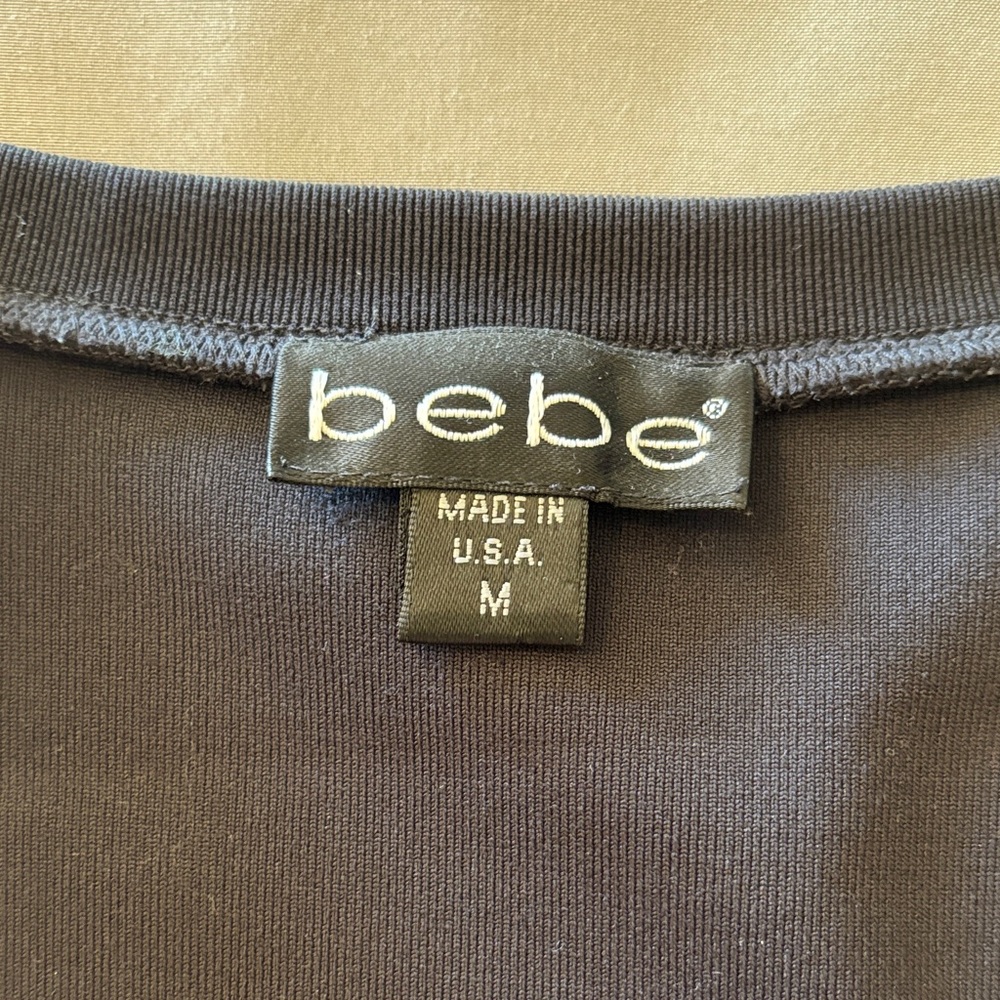 bebe Black Ribbed Crewneck Top with Logo Tag